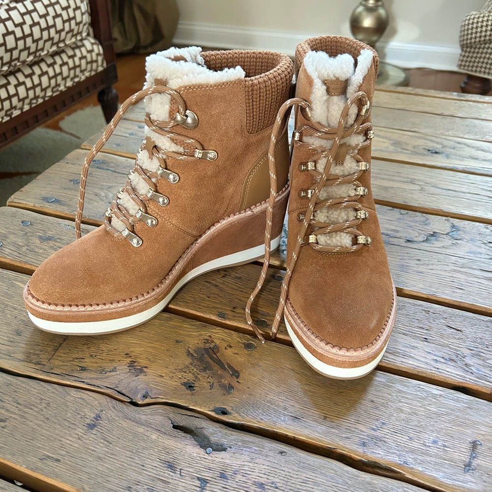 kate spade Tan Suede Lace-Up Boots with Cream Accents